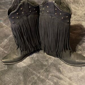Old West Black Fringe Heeled Boots